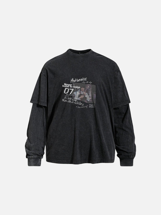 Faded grey layered graphic long-sleeve T-shirt, front view