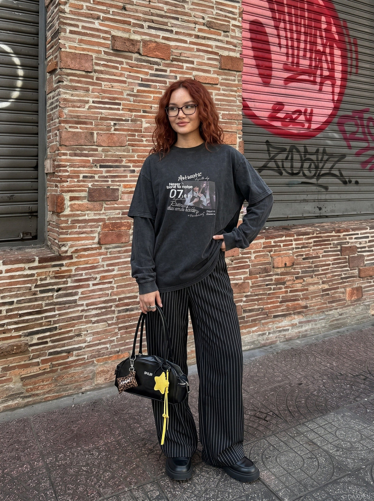 Faded grey layered graphic long-sleeve T-shirt, rear view