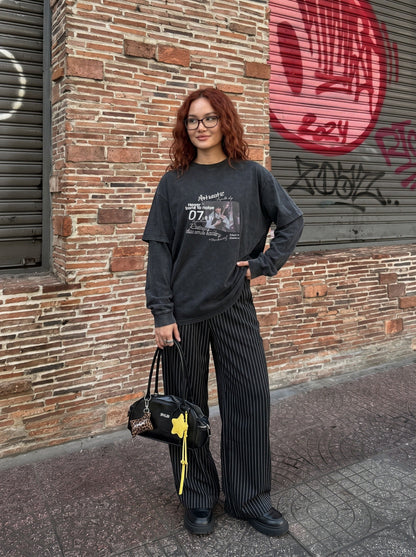 Faded grey layered graphic long-sleeve T-shirt, rear view