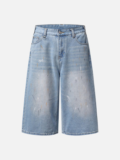 Paint Splatter Denim Culotte Shorts in Faded Light Blue