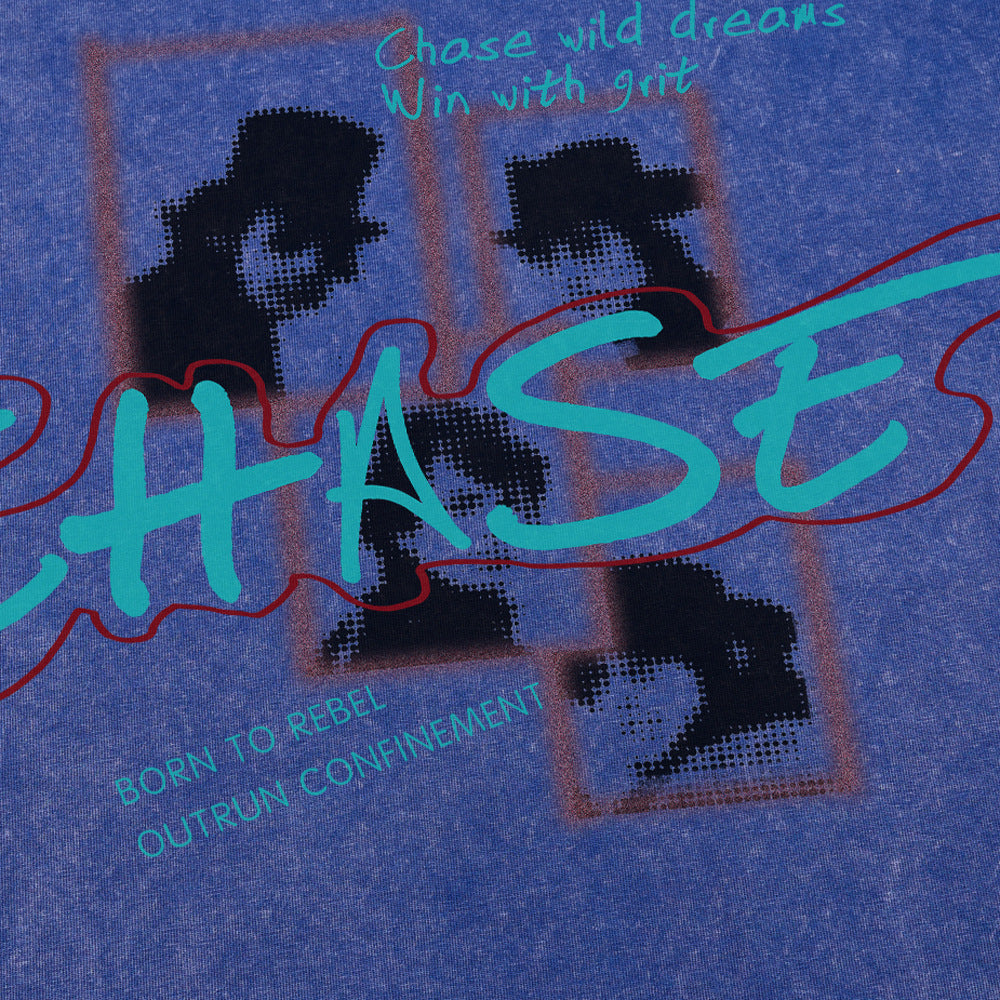Fabric close-up of oversized T-shirt with pixelated graphic design