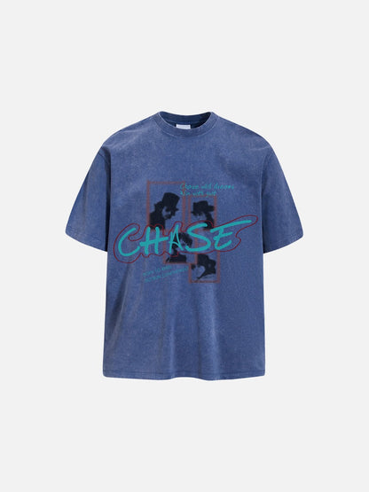 Front view of oversized graphic T-shirt in faded pixel print