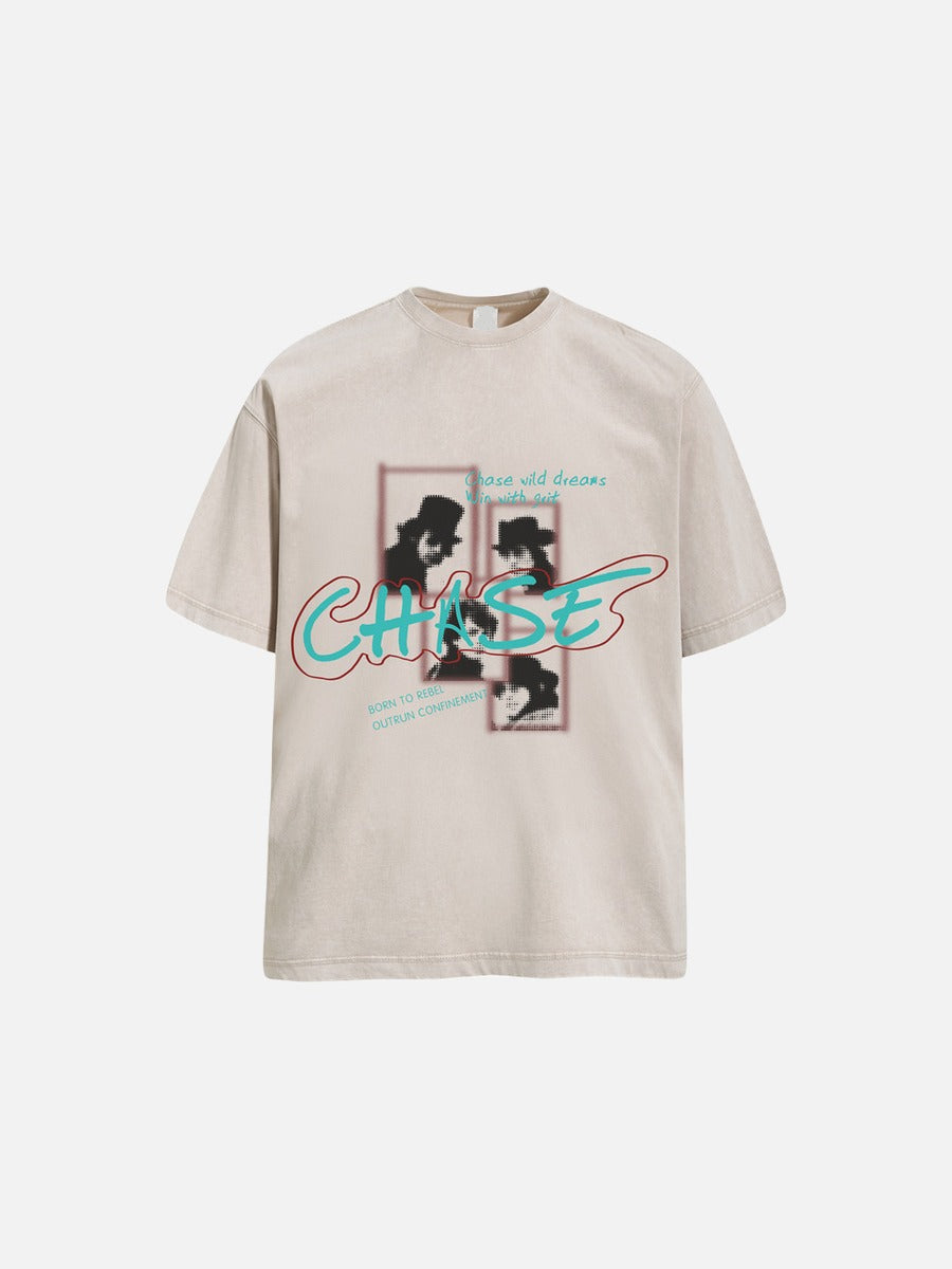 Crew neck detail of oversized graphic T-shirt with faded print