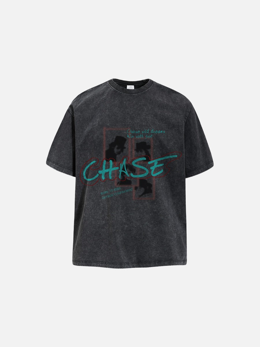 Back view of oversized graphic T-shirt in faded pixel print