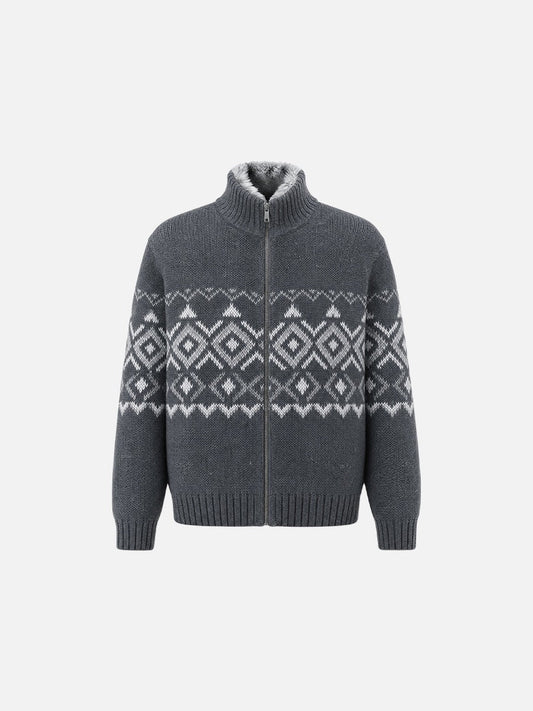 Geometric knit cardigan with a mock neck and faux fur lining
