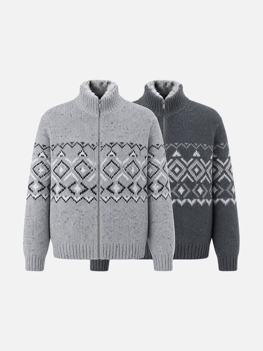 Side view showing the relaxed shape of the knit mock neck cardigan