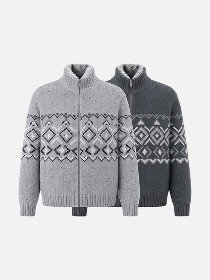Side view showing the relaxed shape of the knit mock neck cardigan