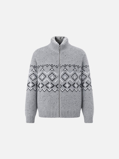 Geometric Knit Mock Neck Cardigan With Faux Fur Lining