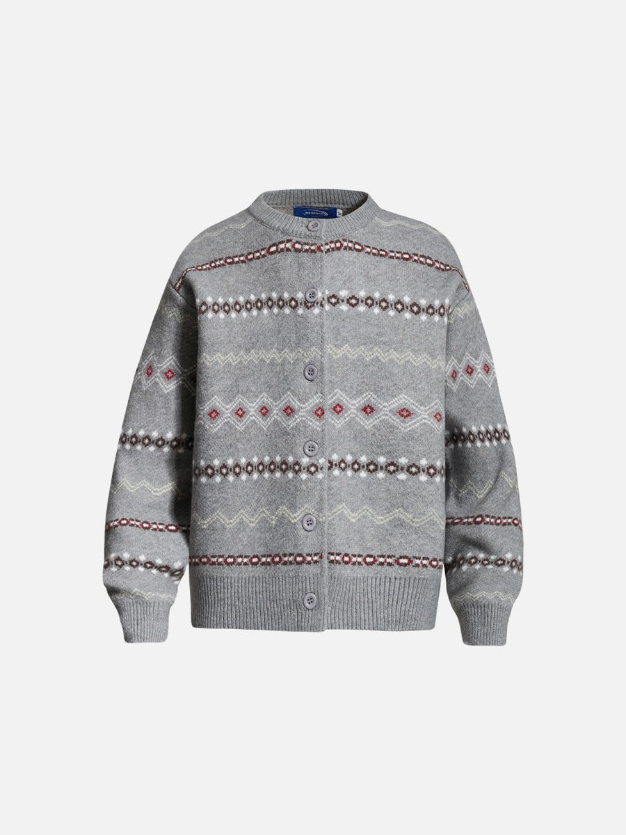 Front view of a beige and grey cardigan with a geometric pattern.