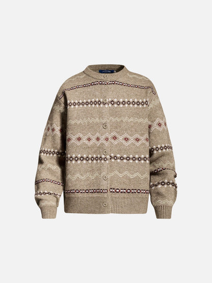 Geometric pattern cardigan in beige and grey shown against a plain background.