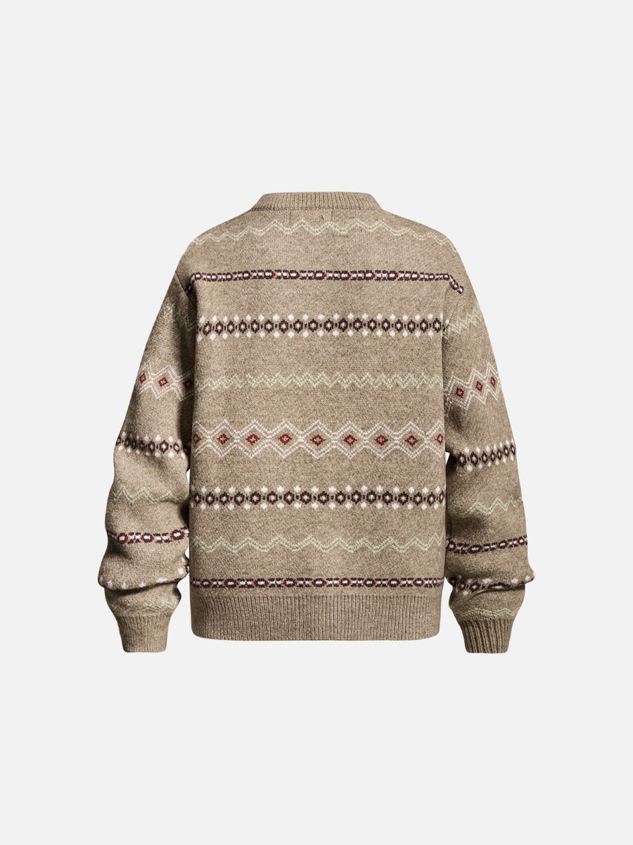 Side view of a geometric pattern cardigan in beige and grey.