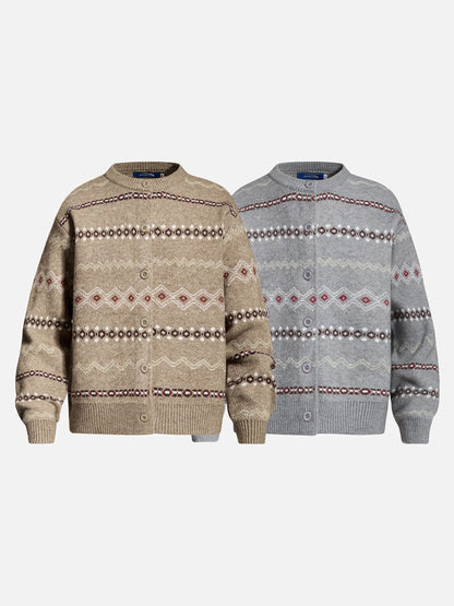 Geometric patterned cardigan styled as a versatile layering piece.