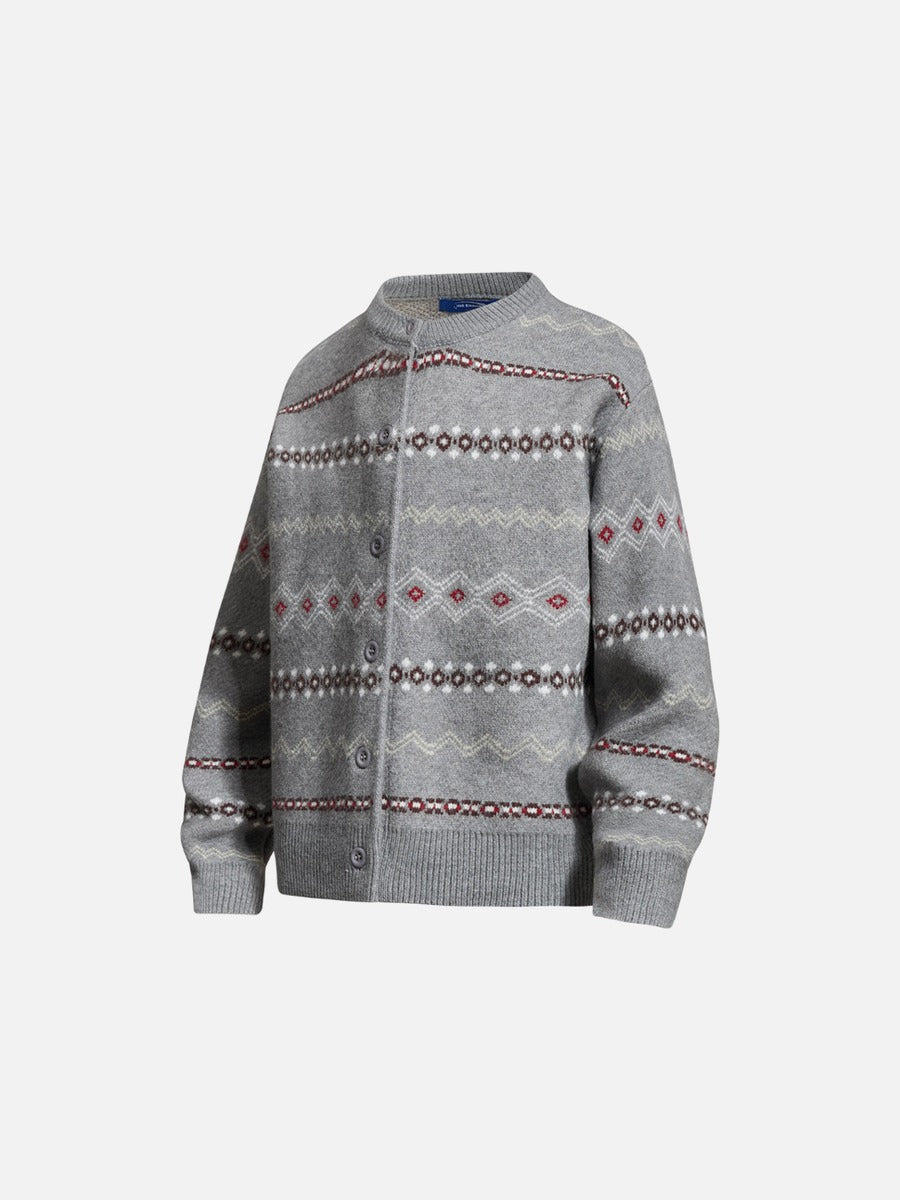 Full-length view of a beige and grey geometric pattern cardigan.