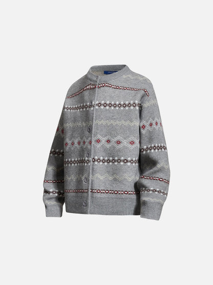Full-length view of a beige and grey geometric pattern cardigan.