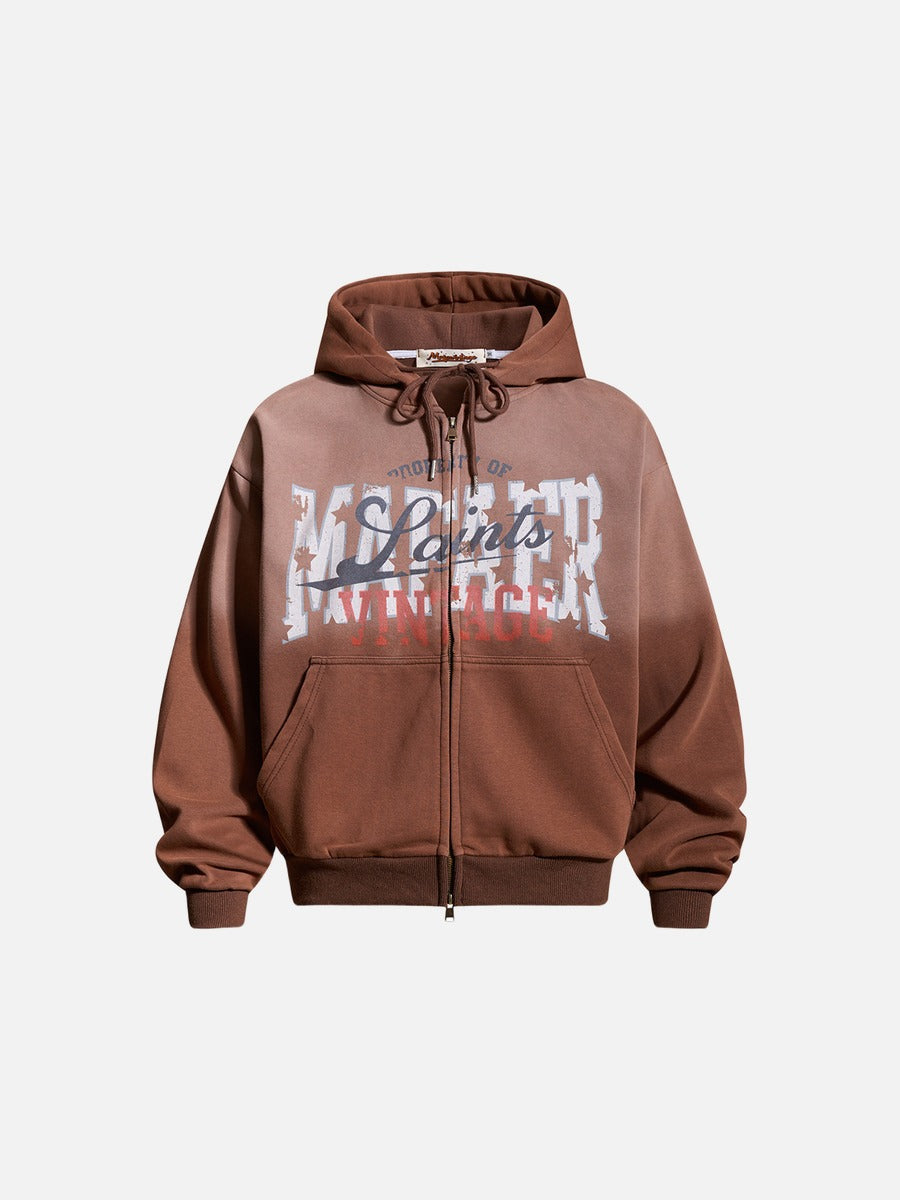 Front view of a gradient graphic jacket with a hood