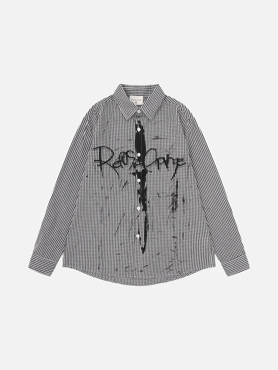 Black graphic gingham shirt with long sleeves, shown from the front