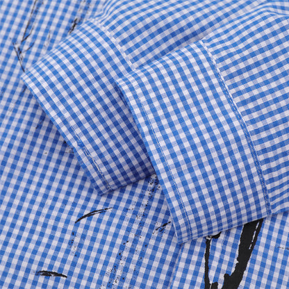 Back view of the black graphic gingham shirt with graphic pattern