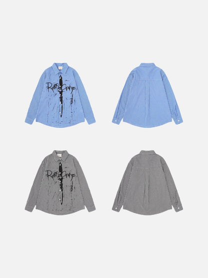 Detailed view of the black gingham shirt fabric and graphic design