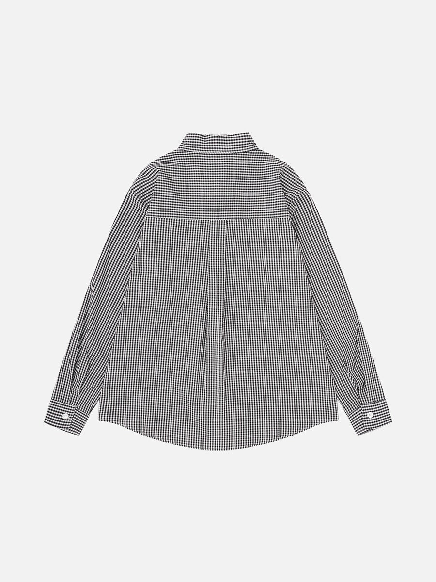 Black graphic gingham long-sleeved shirt shown in full