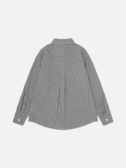 Black graphic gingham long-sleeved shirt shown in full