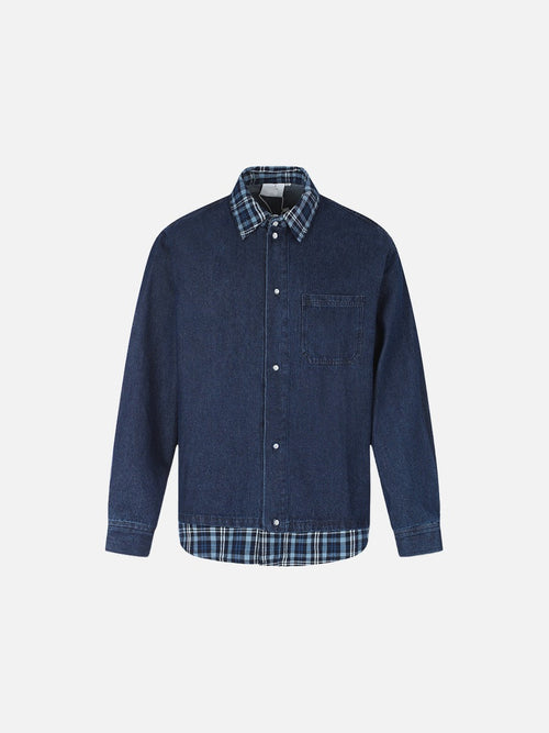 Front view of oversized layered denim shirt in blue plaid