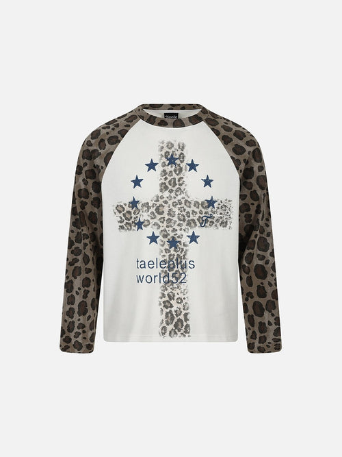 Leopard print long-sleeve T-shirt with a bold cross graphic on the front