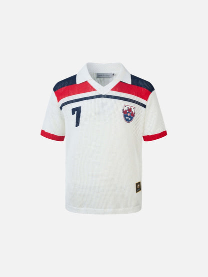 Open-Knit Polo Shirt in Navy Red and White