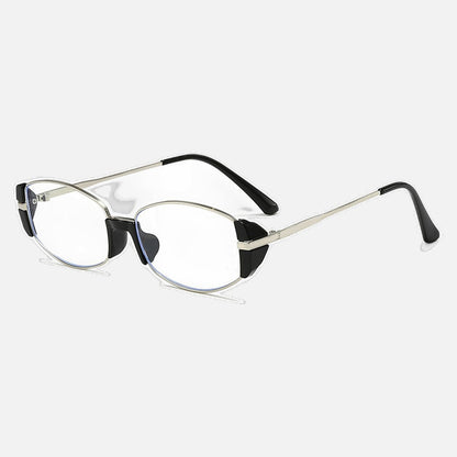 Detail view of the slim-fit accents on the oval sunglasses
