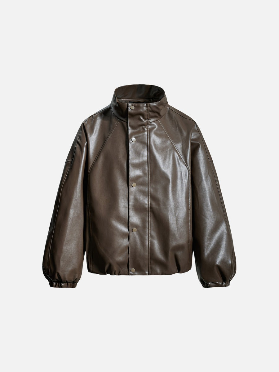 Oversized black faux leather bomber jacket shown from the front