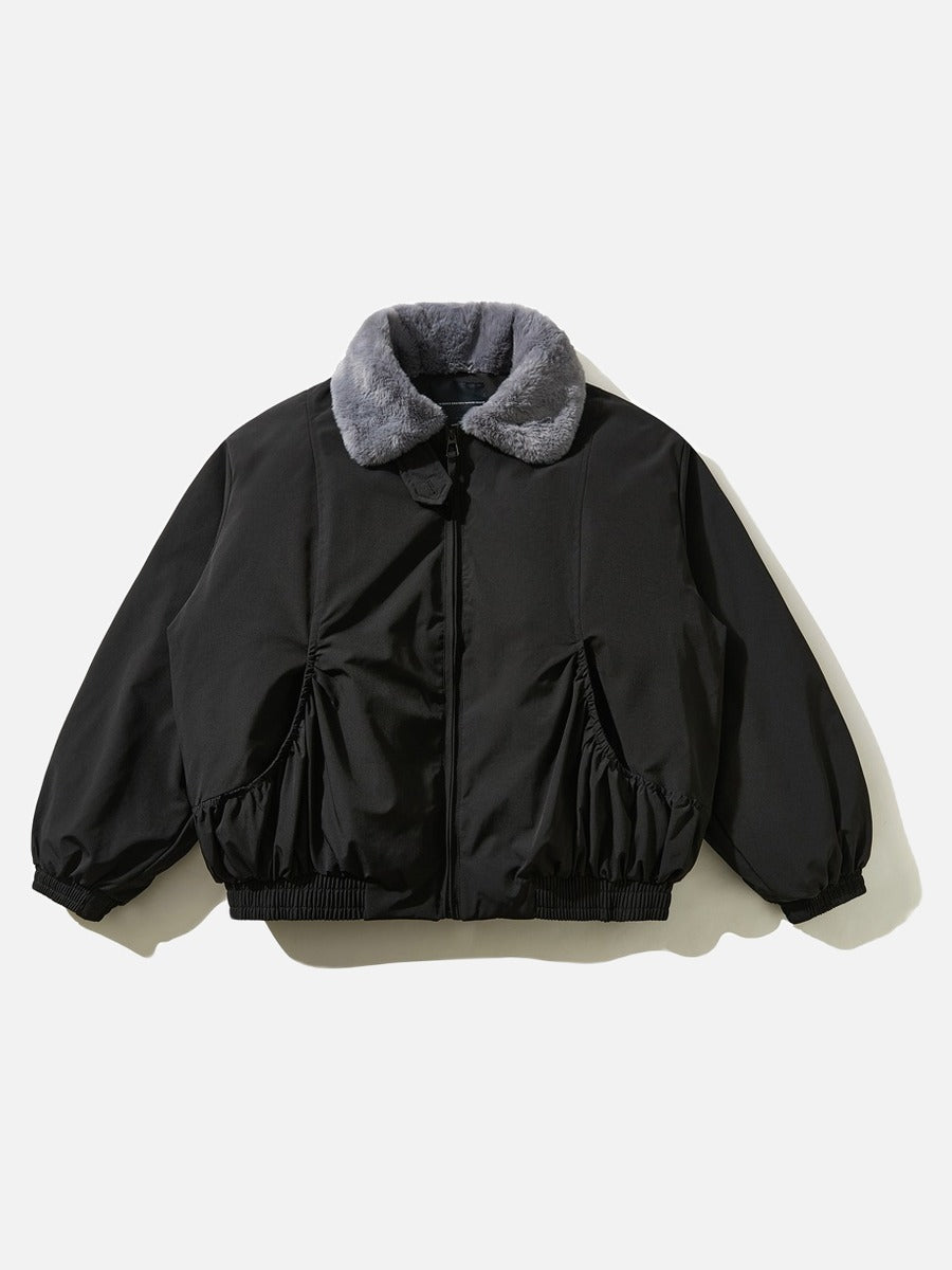 Ruched Bomber Jacket With Faux Fur Collar