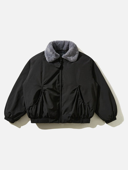 Ruched Bomber Jacket With Faux Fur Collar