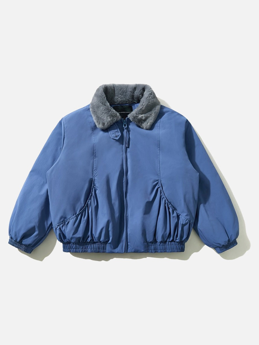 Ruched bomber jacket with a soft faux fur collar shown from the front