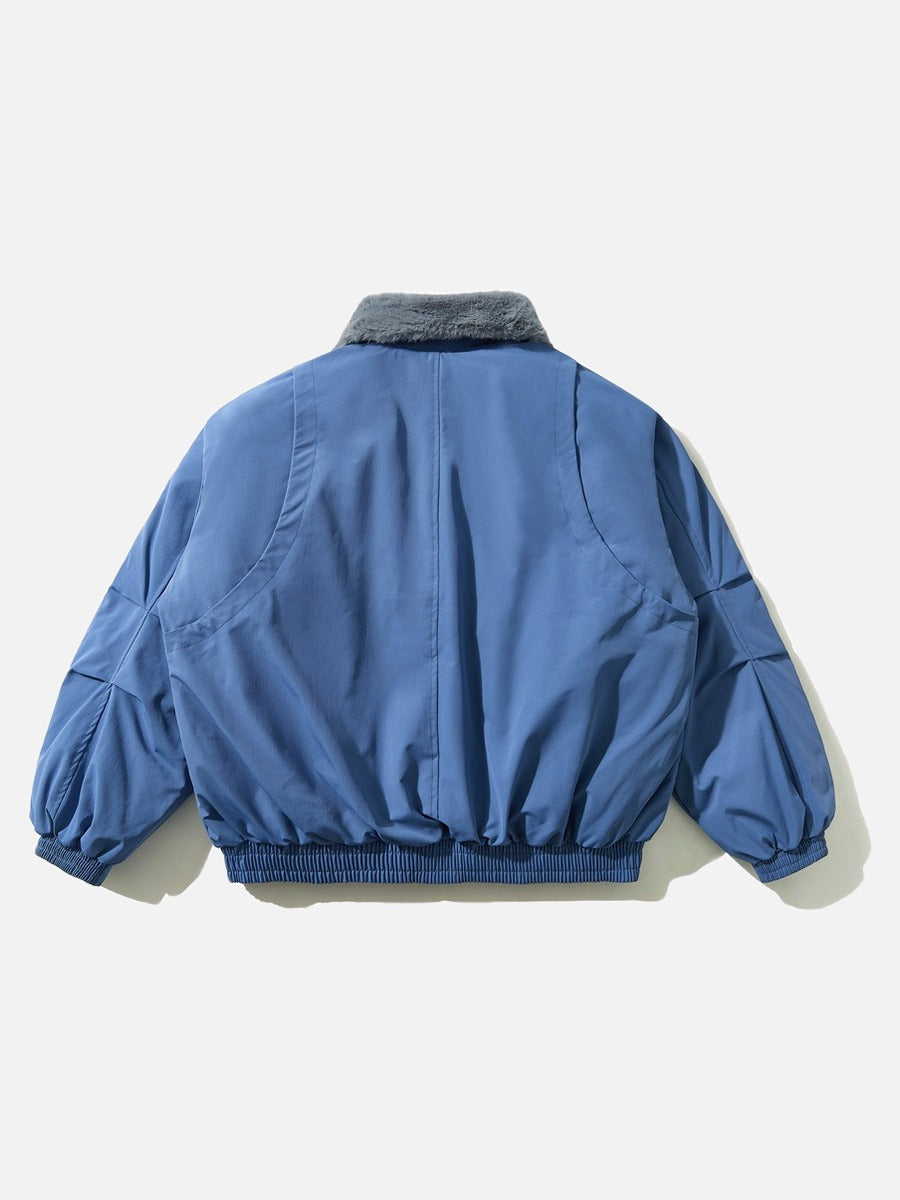 Full view of the ruched bomber jacket with faux fur collar