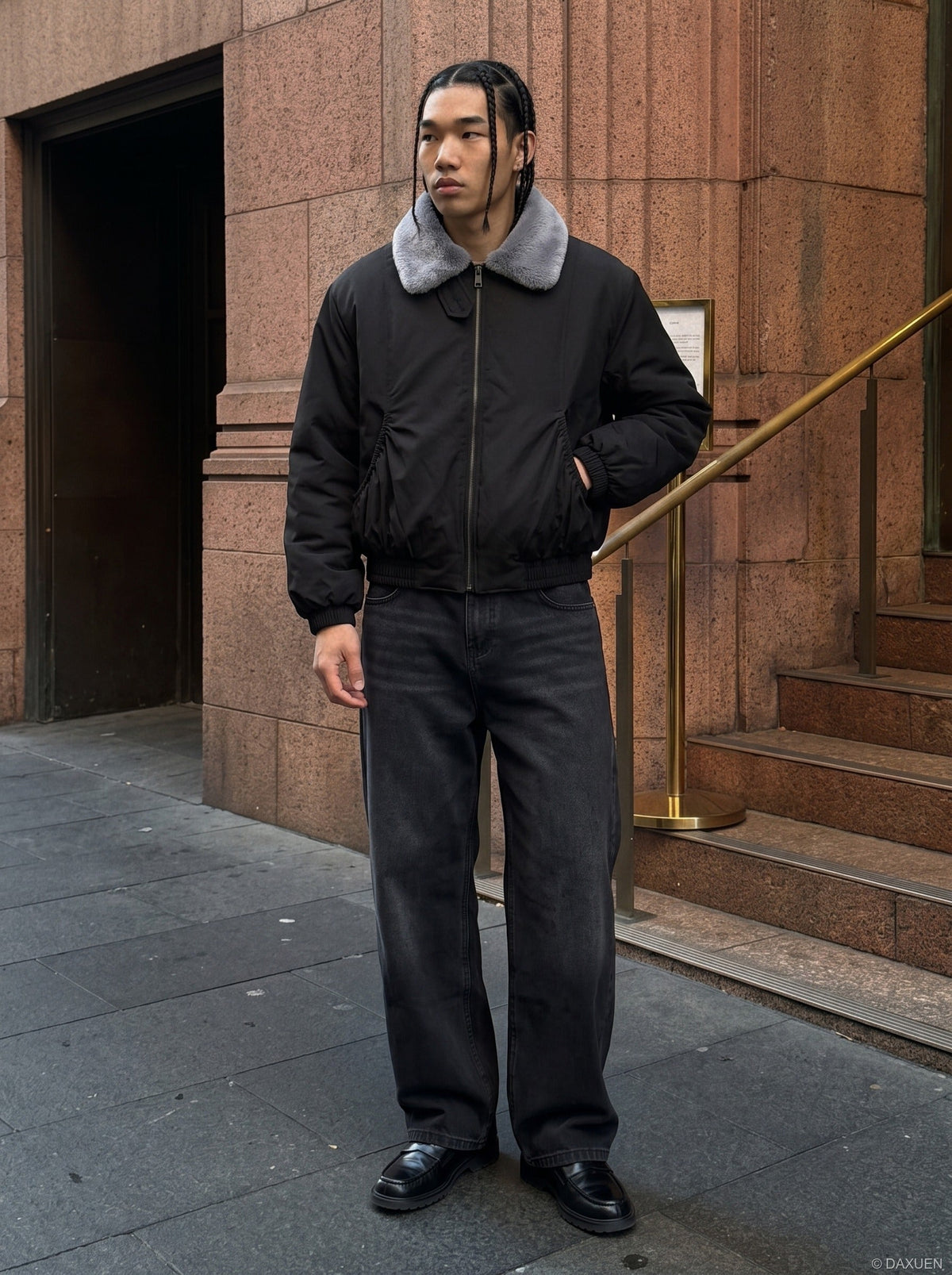 Bomber jacket displaying ruched panels across the body and sleeves