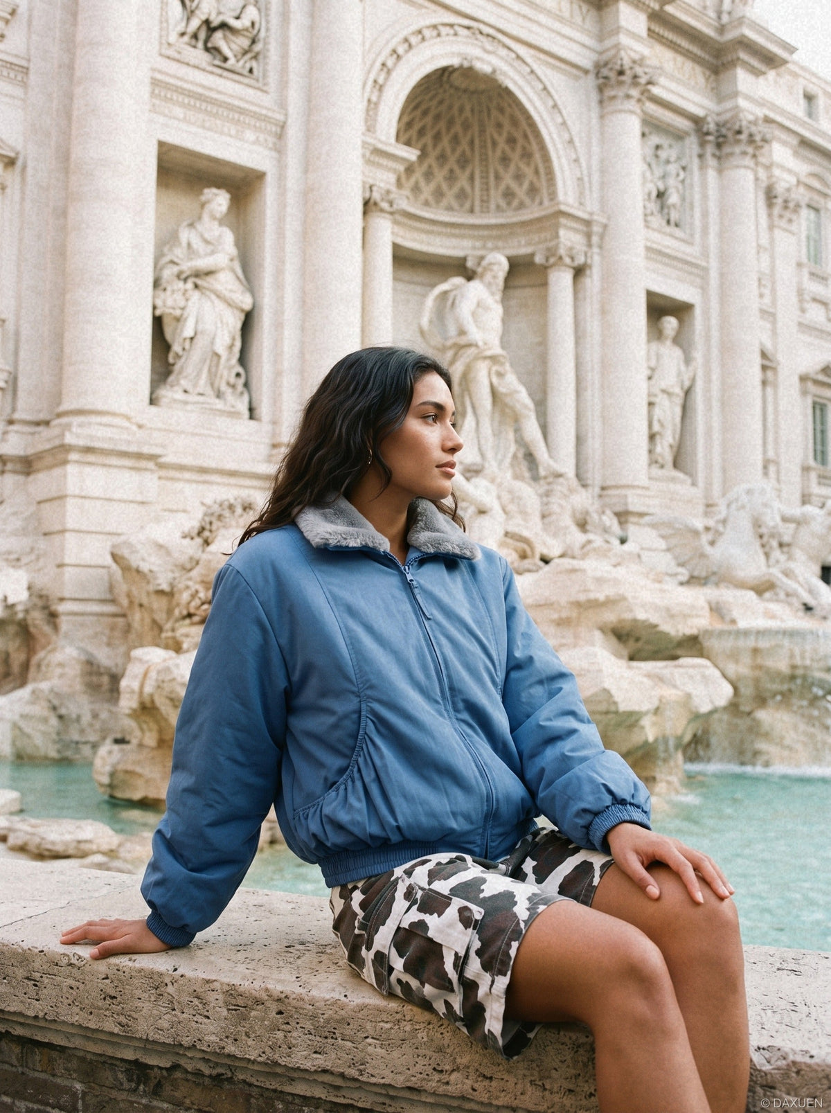Close-up of the soft faux fur collar on the ruched bomber jacket