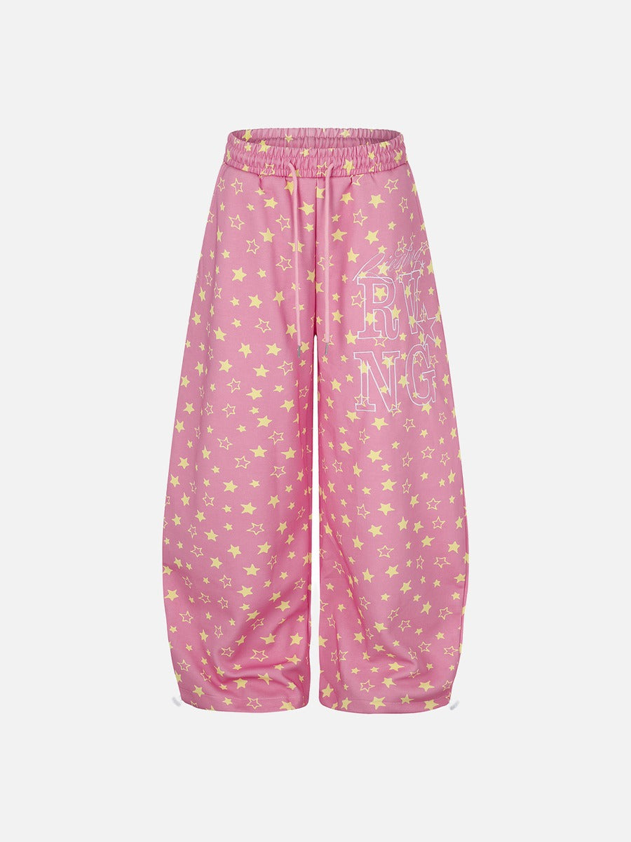 Wide-Leg Star Print Trousers With Drawstring Waist