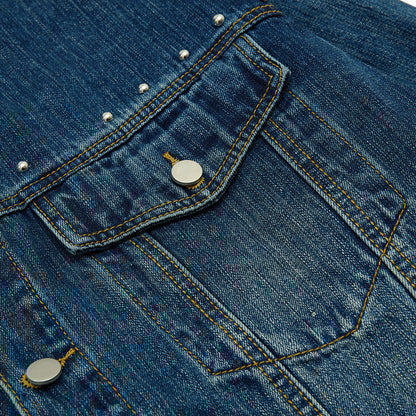 Back view of a studded black denim jacket