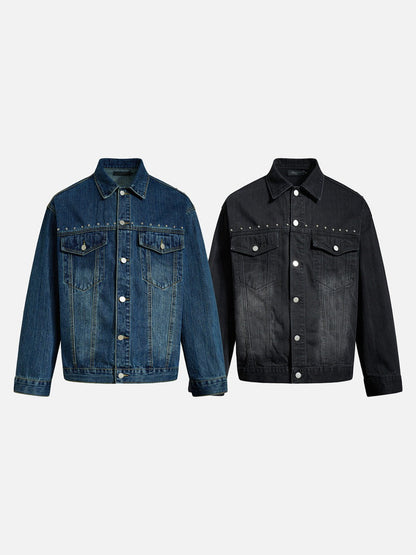 Side view of a vintage studded denim jacket in black