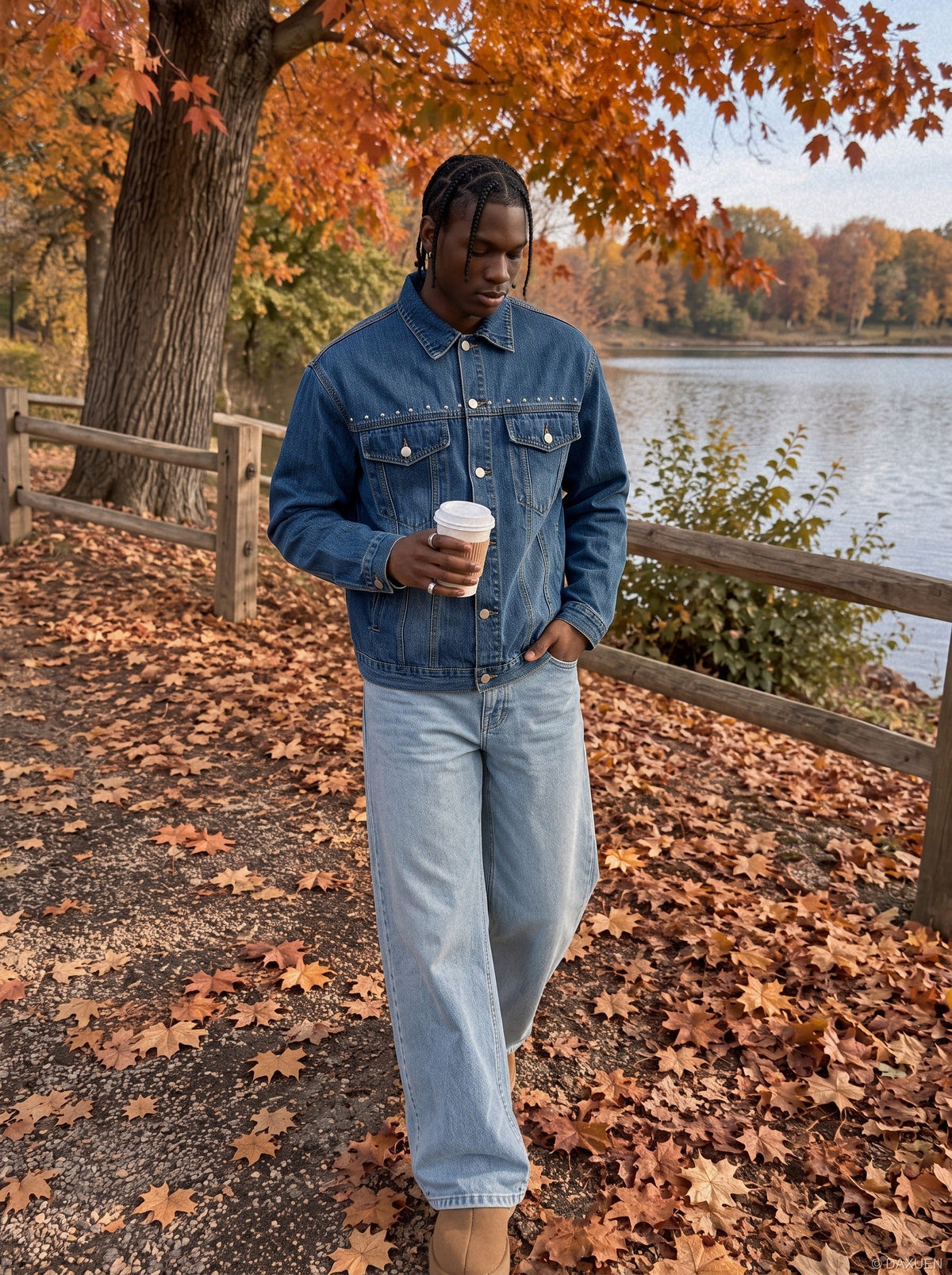 Front view of a studded blue denim jacket