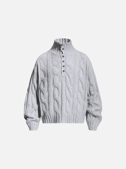 Cable knit mock neck jumper shown from the front