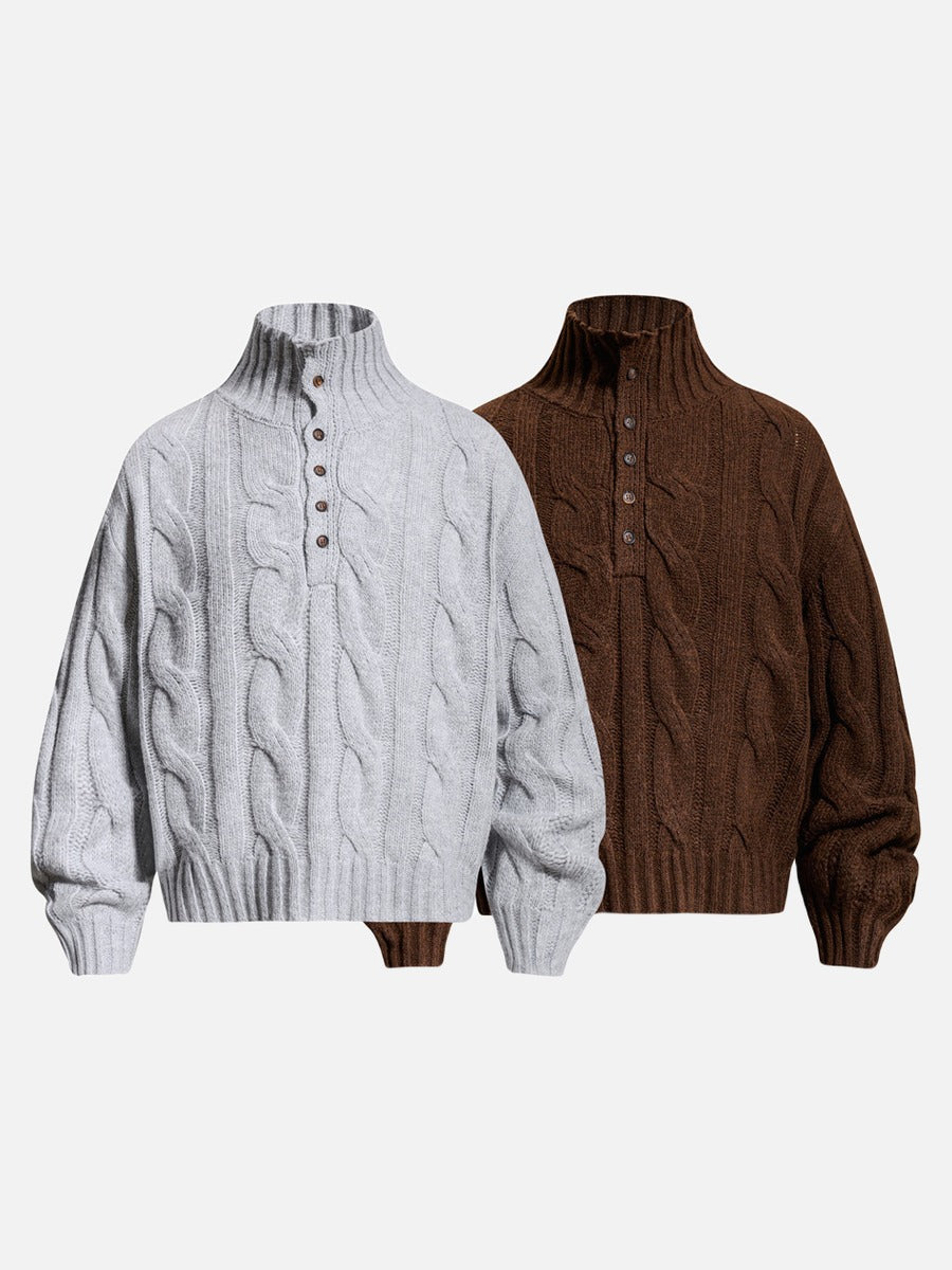 Side view of a cable knit mock neck jumper