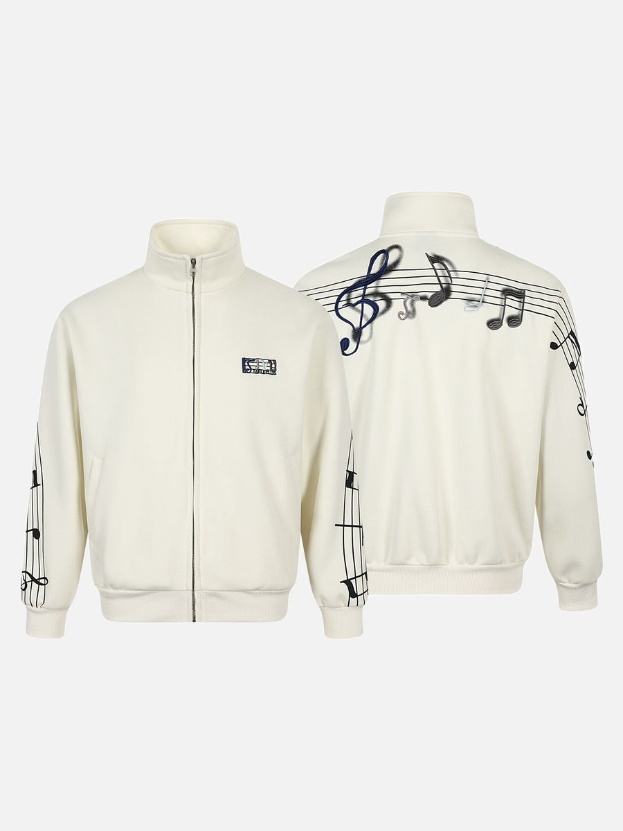 Full-zip jacket displaying its music-inspired back design