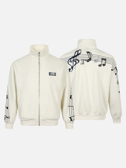 Full-zip jacket displaying its music-inspired back design
