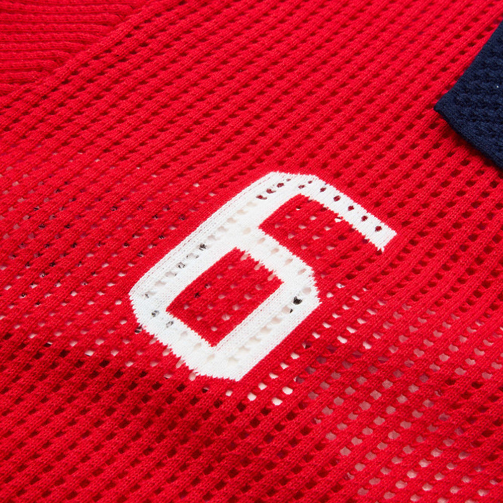 Side view of colour block polo shirt with contrast panels
