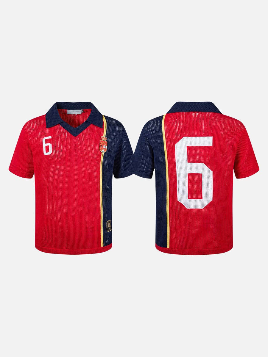 Back detail of polo shirt showing colour block design