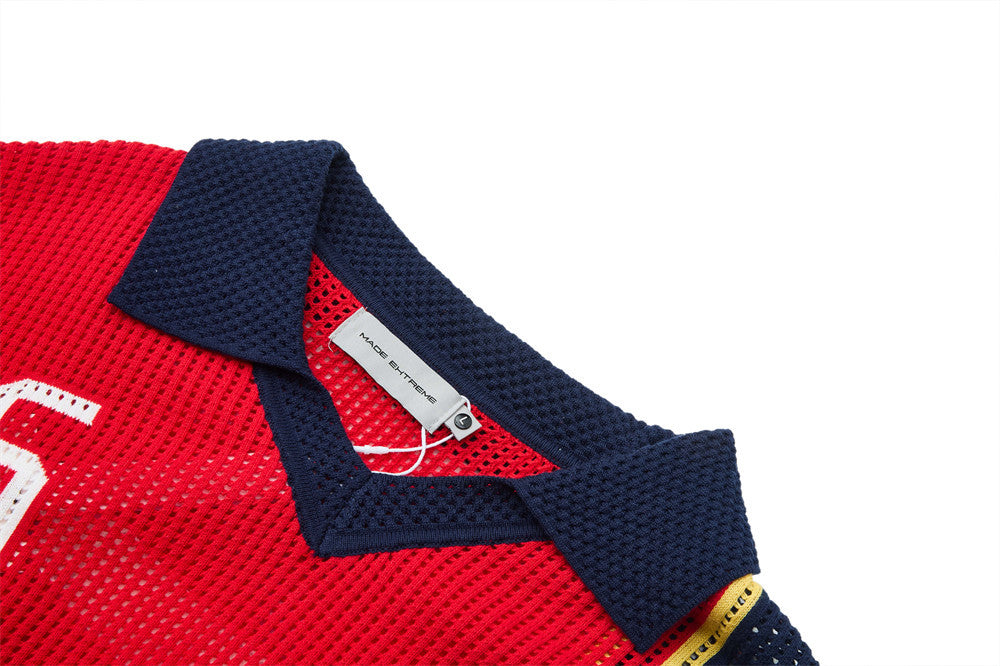 Full-length model image wearing colour block polo shirt