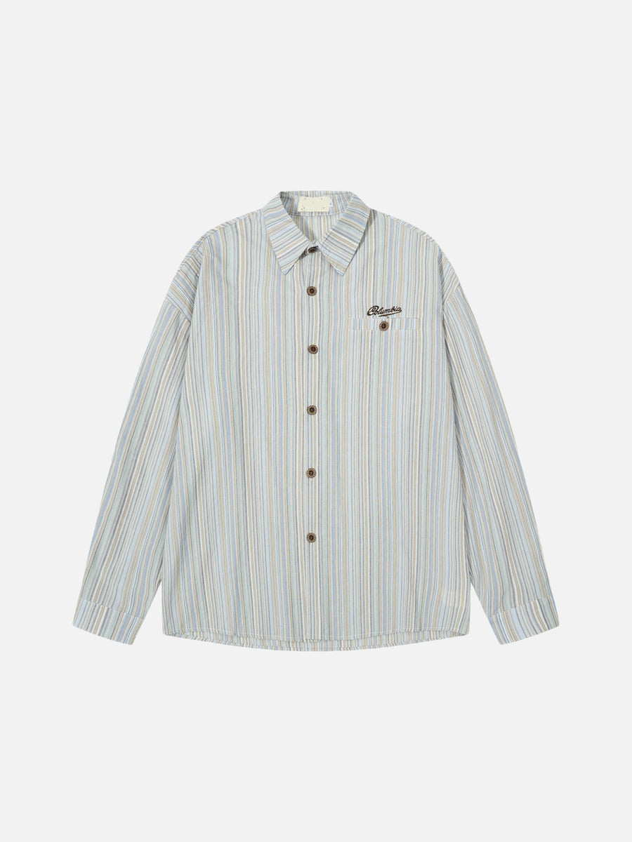 Front view of a striped button-up shirt in a relaxed fit cotton blend