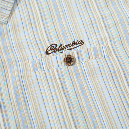 Back shoulder detail of the striped button-up shirt