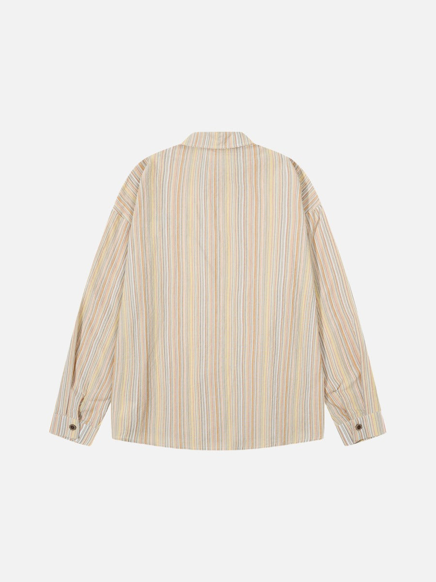 Full-length product view of the striped button-up shirt laid flat