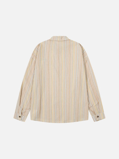 Full-length product view of the striped button-up shirt laid flat